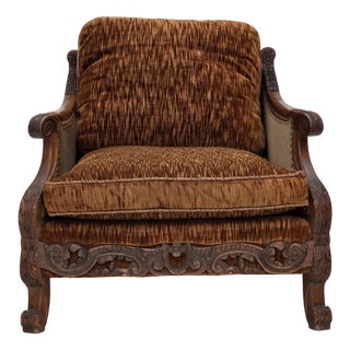 Danish Armchair in Velour and Carved Ash, 1930s For Sale