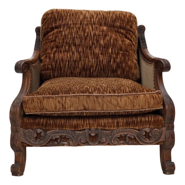 Danish Armchair in Velour and Carved Ash, 1930s For Sale