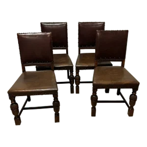 Early 20th Century Set of 4 Leather-Covered Antique Chairs