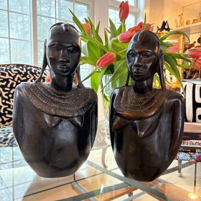Tribal Pair of Vintage African Hand-Carved Wood Bust Sculptures, Tribal Modern Style, 16 Inches For Sale - Image 3 of 12