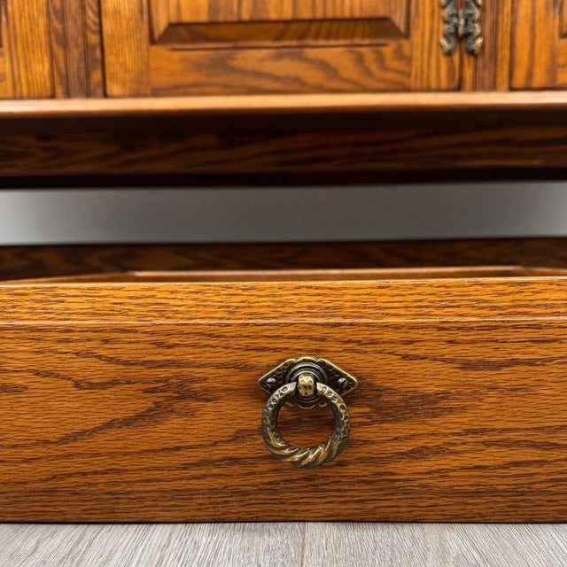 Antique Early 20th Century English Golden Oak Sideboard with Trestle Base For Sale - Image 12 of 13