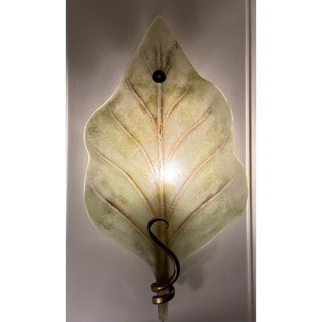 Modern Myran Allan Luxury Lighting Murano Green Art Glass Leaf Wall Sconces Pair For Sale - Image 3 of 6