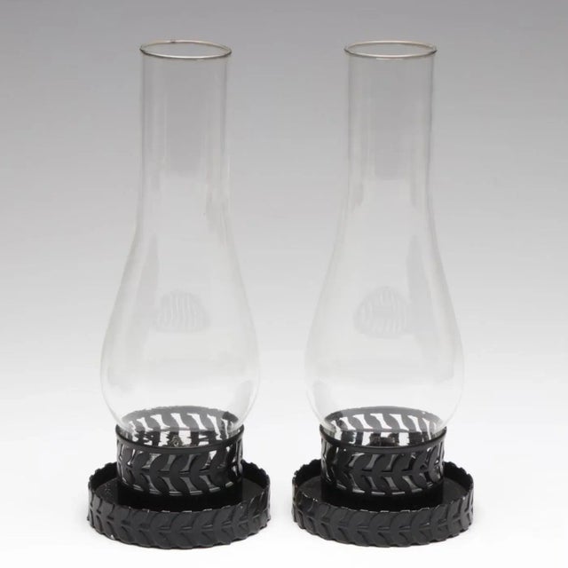 Mid-Century Modern 6 Vintage 1960's Black Metal and Glass Indoor/Outdoor Hurricane Candle Holders For Sale - Image 3 of 11