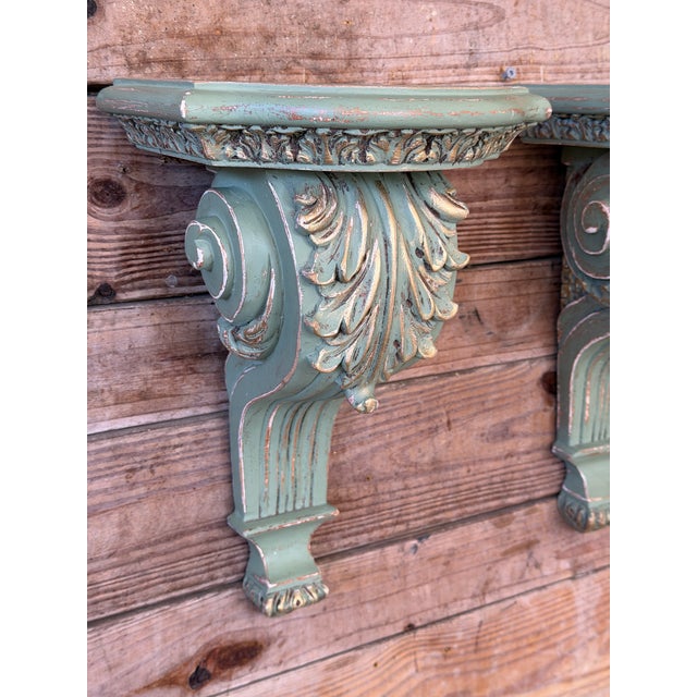 Late 20th Century Pair of Carved Acanthus Wall Bracket Shelves / Corbels in Distressed Green Finish For Sale - Image 5 of 12