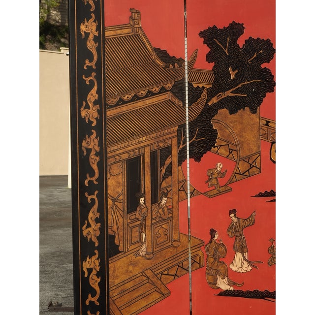 84"Tall Vintage Six Panel Oriental Asian Red Folding Screen Room Divider Palace For Sale - Image 11 of 18