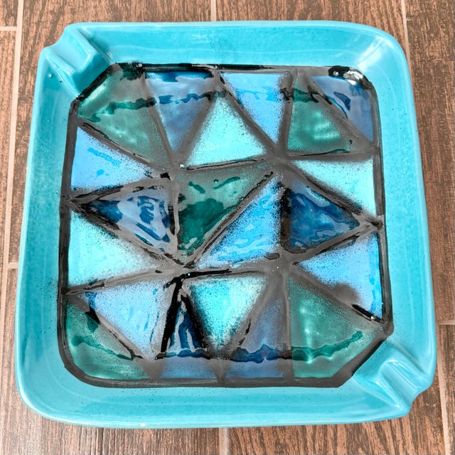 Aldo Londi Mid Century Modern Aldo Londi Vetrata Bitossi Italy Teal Ceramic Ashtray Rare For Sale - Image 4 of 11