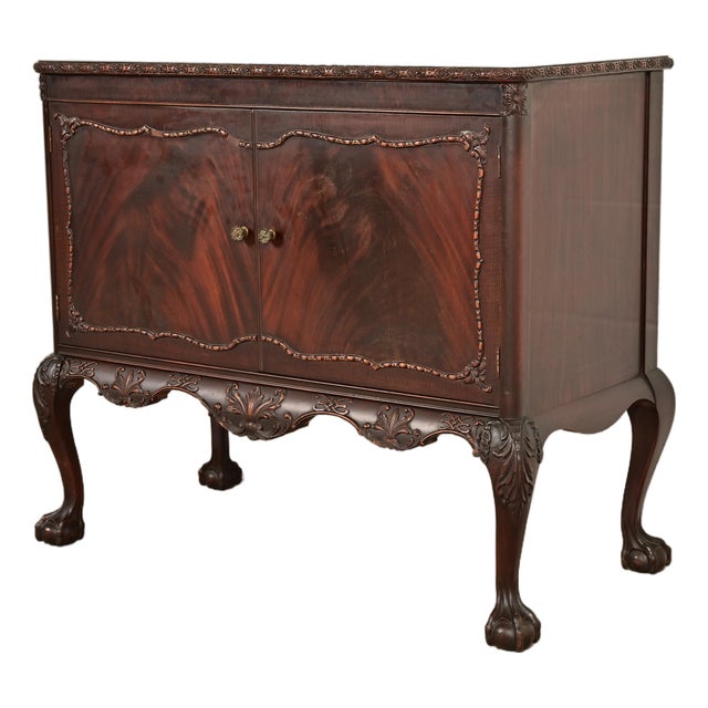 Romweber Antique Chippendale Carved Flame Mahogany Buffet Server or Bar Cabinet, Circa 1920s For Sale