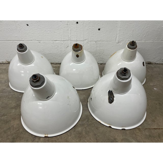 Antique White 1950s White Porcelain Enamel Printing Press Factory Pendant Shades - Set of 5 For Sale - Image 8 of 9