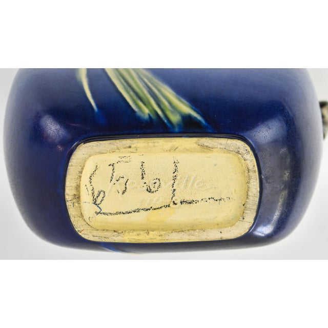 Roseville Pottery Roseville Pine Cone Blue 1936 Vintage Art Pottery Pillow Ceramic Vase 114-8 For Sale - Image 4 of 4