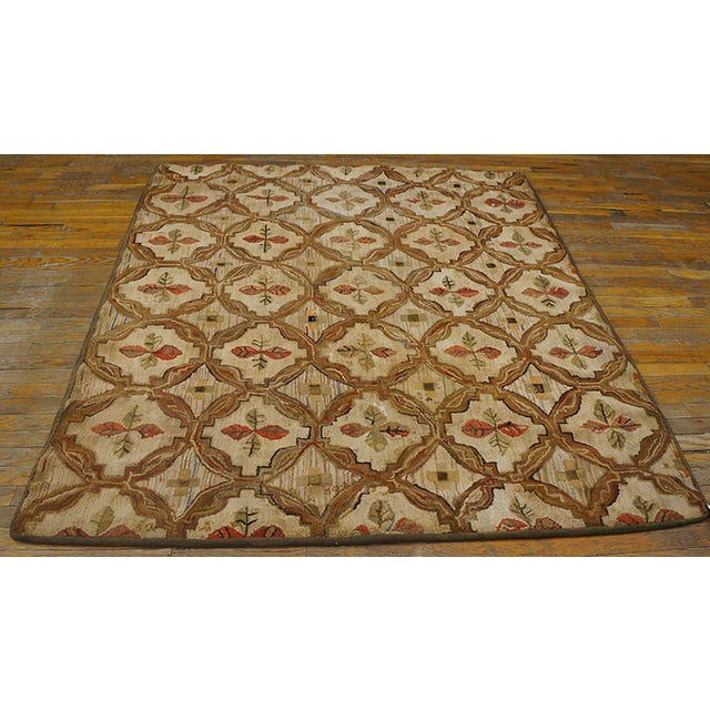 Antique American hooked rug, size: 5'4" x 6'4". Antique 1890s American Ivory Hooked Wool Small Scatter Size Rug, Country...