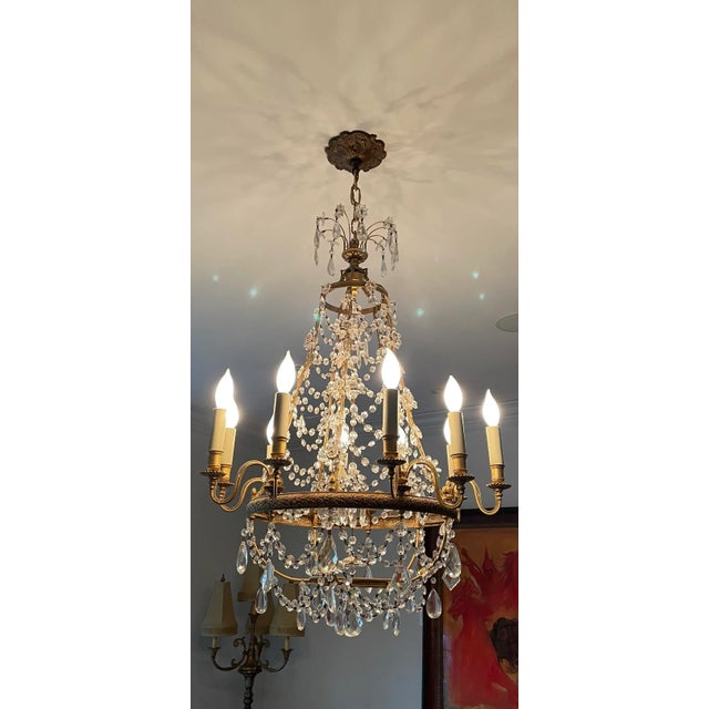 Brass 1980s Vintage Empire Brass & Crystal Basket Chandelier With 10 Lights For Sale - Image 8 of 9