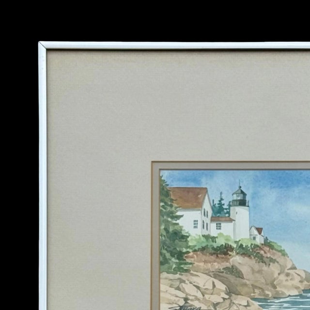 Vintage Coastal Watercolor Bass Harbor Maine Lighthouse Painting - Signed “Sabaka” For Sale In San Diego - Image 6 of 10