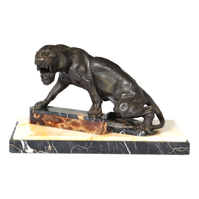 Art Deco Tiger, 1930, Patinated Bronze on Marble and Onyx For Sale