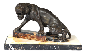 Art Deco Tiger, 1930, Patinated Bronze on Marble and Onyx