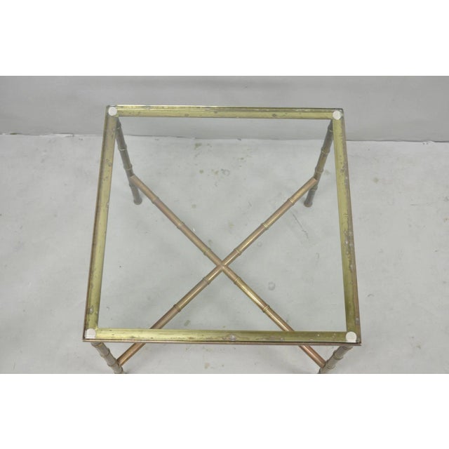 Hollywood Regency Vintage Hollywood Regency Brass Faux Bamboo Square Glass Top Low Side Table For Sale - Image 3 of 15