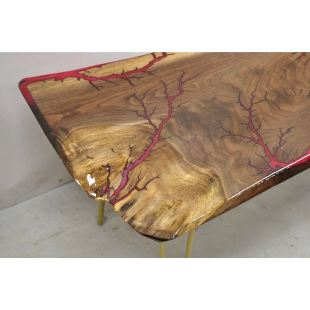 Early 21st Century Live Edge Black Walnut Surfboard Coffee Table Red Resin Lacquer Hairpin Legs For Sale - Image 5 of 11