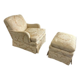 Antique Upholstered Rolled Arm Chair and Ottoman For Sale