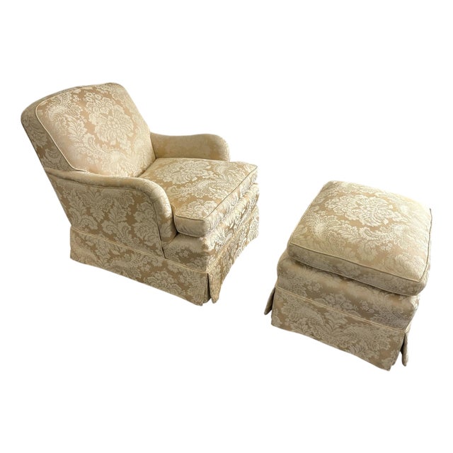 Antique Upholstered Rolled Arm Chair and Ottoman For Sale