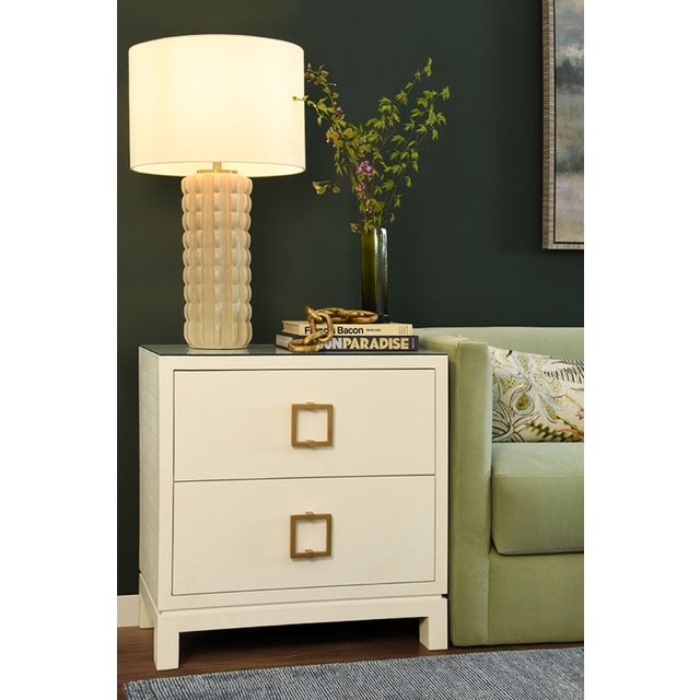 Contemporary Matthew Izzo Home Cole White Linen Two Drawer Side Table With Glass Top and Large Square Brass Handle For Sale - Image 3 of 5