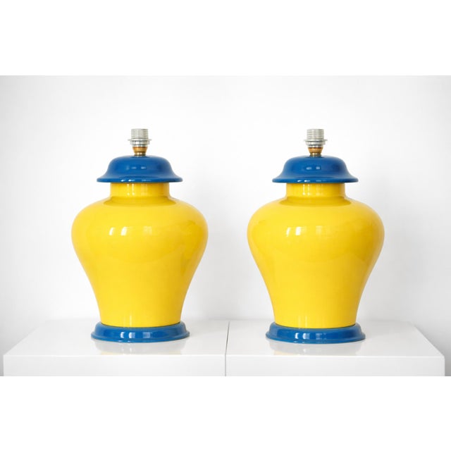 French Yellow and Cobalt Blue Glazed Ceramic Table Lamps, 20th Century, Set of 2 For Sale - Image 5 of 11