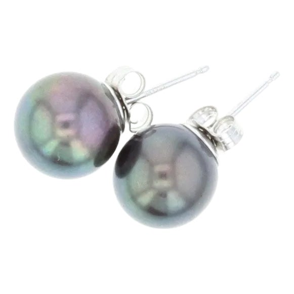 9MM Black Cultured Pearl Studs 14k White Gold, 2 Pieces For Sale
