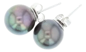 9MM Black Cultured Pearl Studs 14k White Gold, 2 Pieces