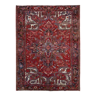 1960 8'2"x10'10" Red Hand Knotted Pure Wool Centre Geometric Medallion Worn Down Rug For Sale