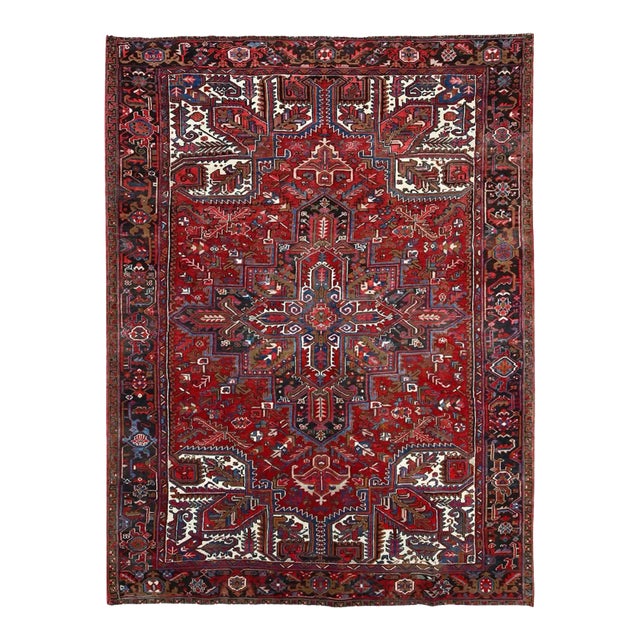 1960 8'2"x10'10" Red Hand Knotted Pure Wool Centre Geometric Medallion Worn Down Rug For Sale