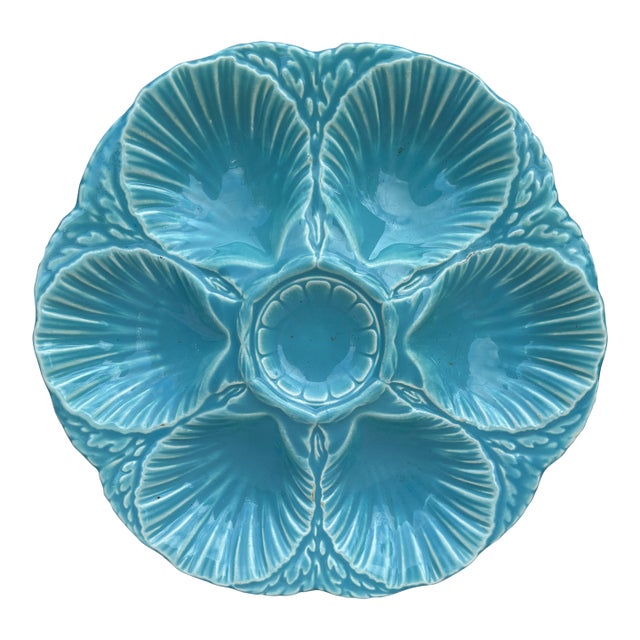 French Majolica Oyster Aqua Turquoise Plate Sarreguemines, Circa 1900 For Sale