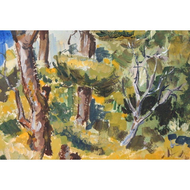 Blue Mid Century Modern Vertical Landscape With Fence in Acrylic on Paper by Bertram Spencer For Sale - Image 8 of 9