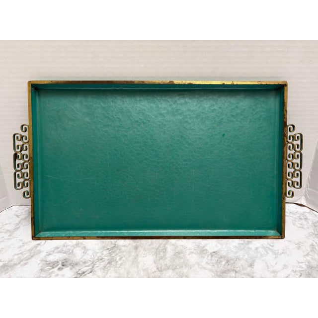 Midcentury Modern Turquoise Decor Tray With Gold Handles For Sale - Image 4 of 7