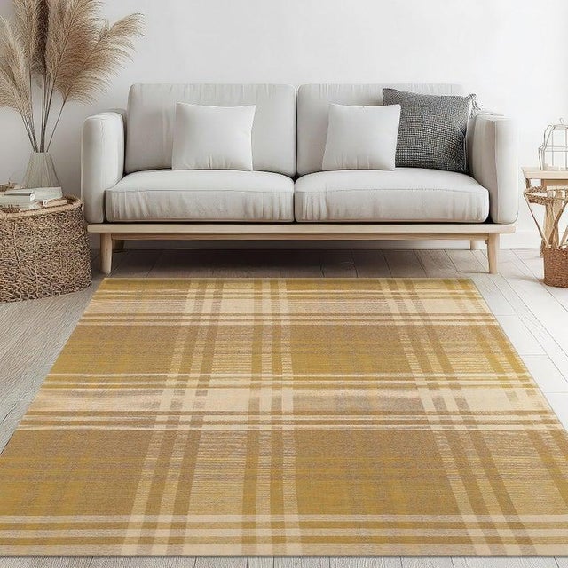 2020s 12x15 Yellow Hand-Knotted Wool Golden Plaid Weave Geometric Modern Carpet Rug For Sale - Image 5 of 9