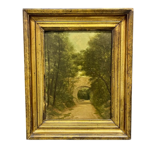 Antique French 19th-Century Oil on Board Landscape Painting in Giltwood Frame For Sale - Image 11 of 18