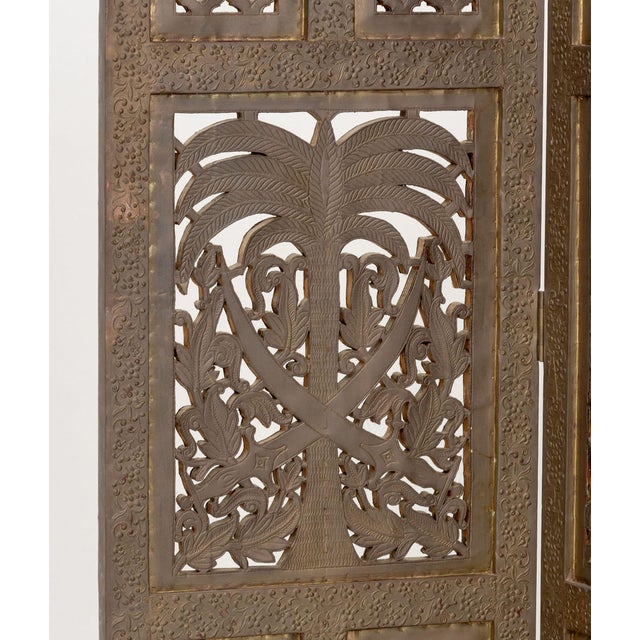 Traditional Syrian Palm Tree Motif Four Panel Brass Clad Screen For Sale - Image 3 of 10