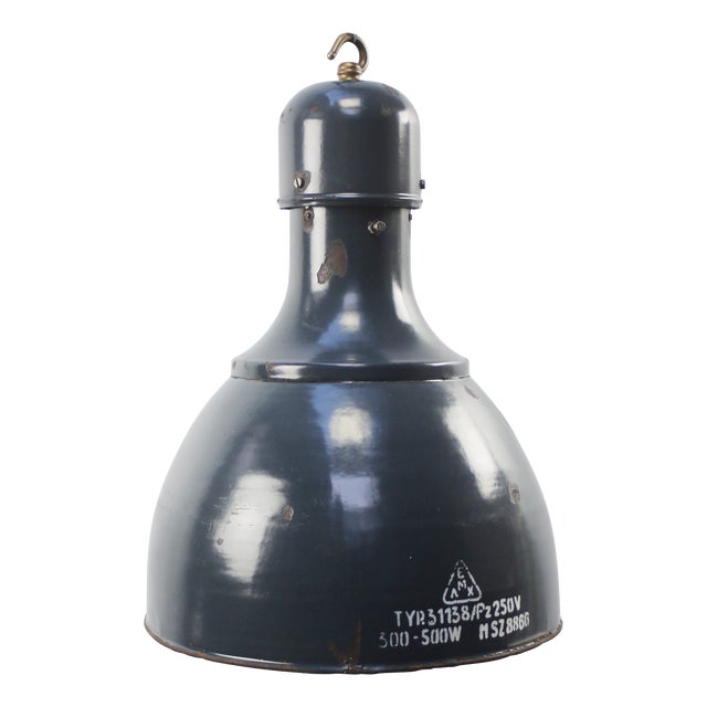 Industrial Pendant Light in Dark Blue Enamel and Brass, 1950s For Sale