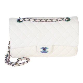 White Quilted Caviar Rainbow Medium Classic Double Flap Bag For Sale