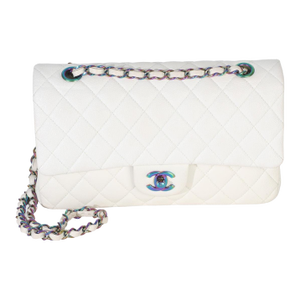 White Quilted Caviar Rainbow Medium Classic Double Flap Bag