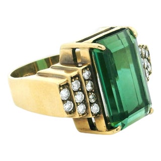 1970s Emerald Cut Green Tourmaline and Diamond 18k Gold Statement Ring, Size 7.5 For Sale