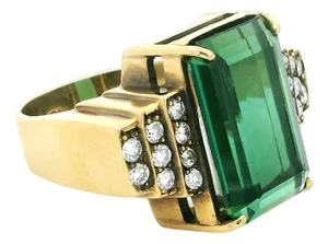 1970s Emerald Cut Green Tourmaline and Diamond 18k Gold Statement Ring, Size 7.5