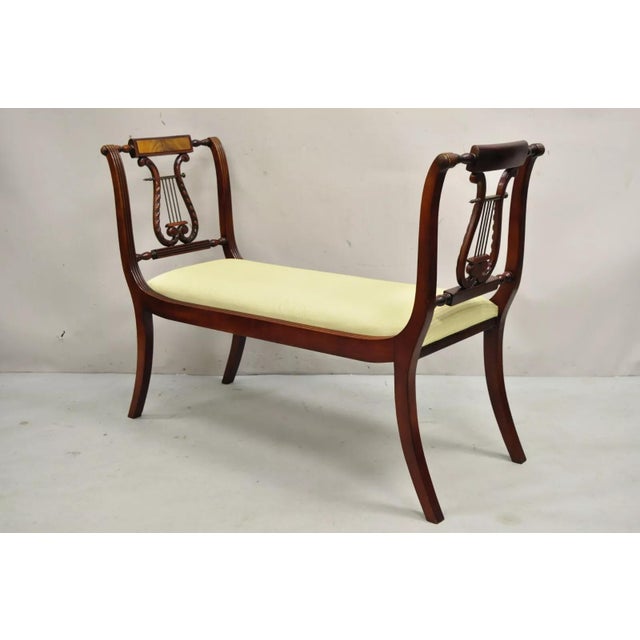 Late 20th Century Duncan Phyfe Regency Empire Style Carved Mahogany Brass Lyre Window Bench For Sale - Image 12 of 12