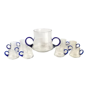Vintage Art Glass Punch Bowl & Glasses Applied Cobalt Blue Handles Set of 11