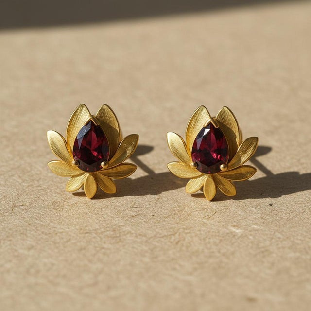 Modern Pear-Cut Garnet Lutus Flower Earrings Studs, Silver, Gold, Pair For Sale - Image 3 of 6