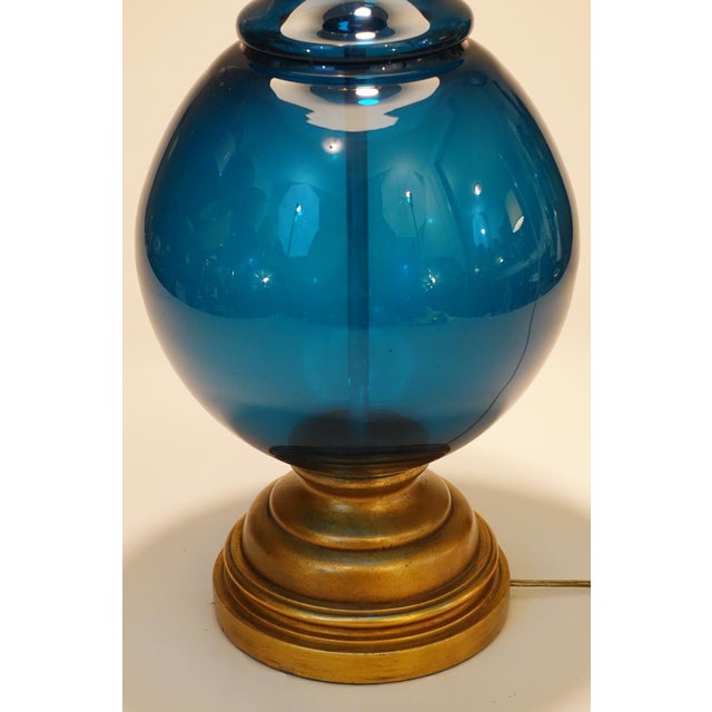 Royal Blue Xlarge Marbro Thick Blown Murano Italy Ultramarine Art Glass Brass Table Lamp 1960's Blenko For Sale - Image 8 of 12