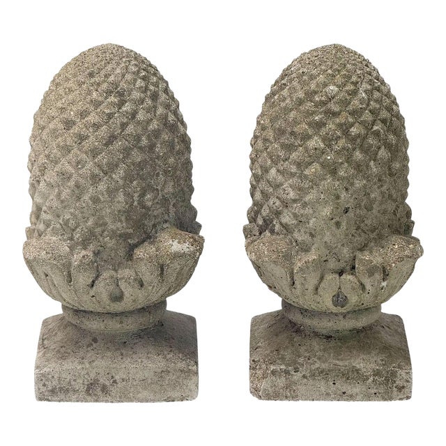 English Garden Stone Statuary Pinecone Finials From England - Two Available For Sale