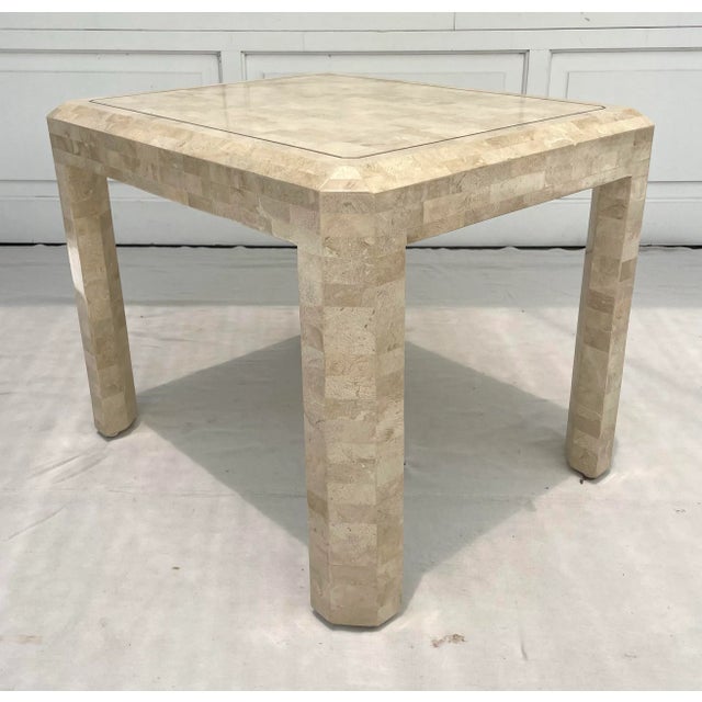 Cream 1980's Tessellated Stone and Inlay Brass Side Table Attributed to Maitland-Smith For Sale - Image 8 of 12