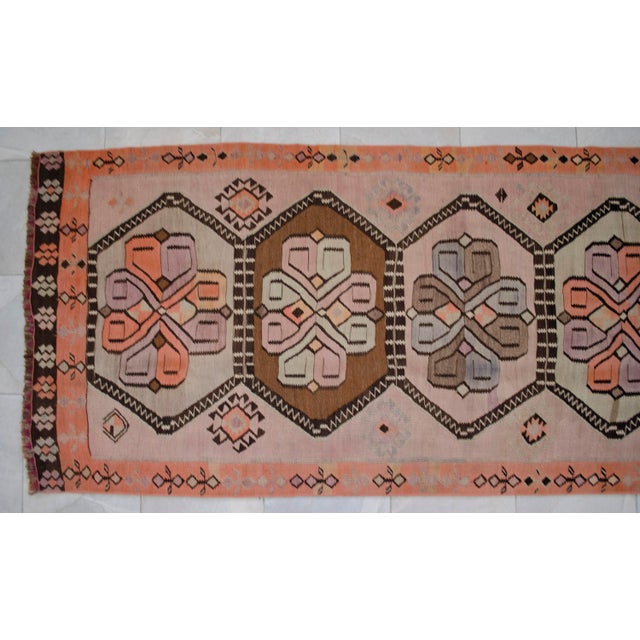 Salmon Vintage Turkish Handmade Kilim Runner Rug Organic Woll Tribal Design Primitive Rug - 3′5″ × 12′8″ For Sale - Image 8 of 16