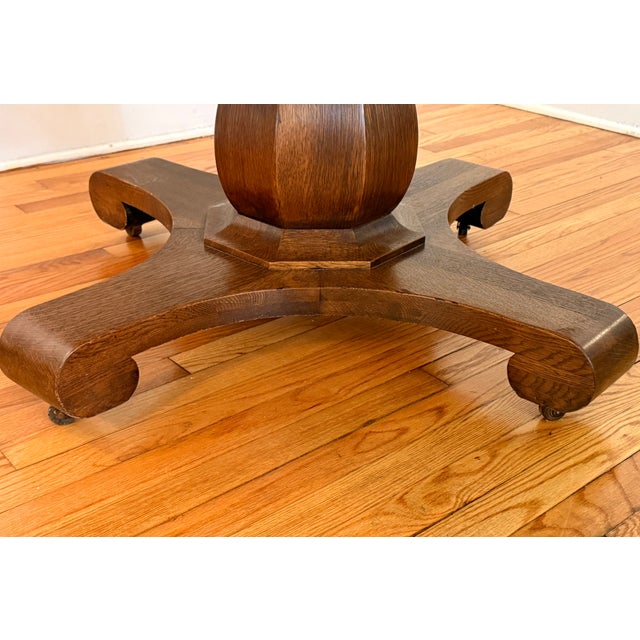 Wood Antique Arts & Crafts Tiger Oak Dining Table on Pedestal Base With 54" Round Top For Sale - Image 7 of 9
