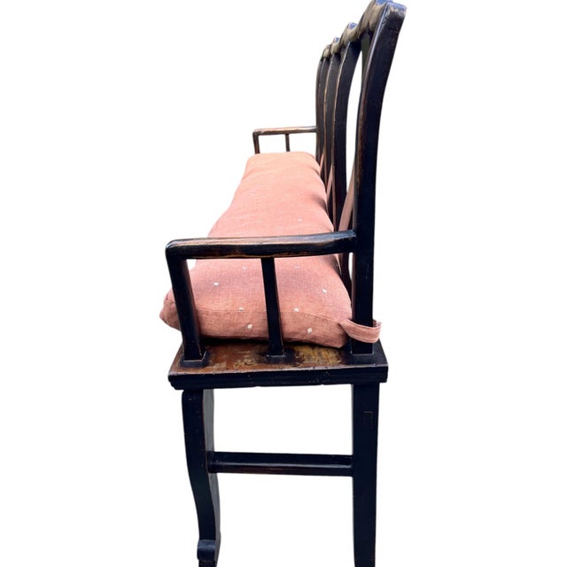 Chinoiserie Long Antique Elmwood Bench With Custom Down Cushion For Sale - Image 3 of 12
