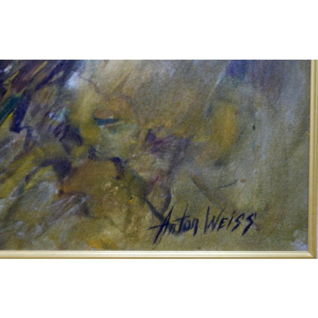 This lively painting of sunflowers is beautifully done. Done in vibrant yellows they seem to dance against a background of...