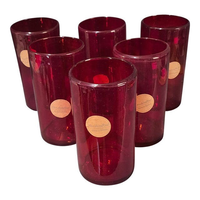 Late 20th Century Hand Crafted in Mexico Red Art Glass Tumblers Water Ice Tea Glasses - Set of Six For Sale